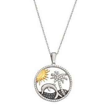 Jewelexcess 1/3 Carat T.W. Blue & White Diamond Two-Tone Sterling Silver Dolphin Pendant Necklace