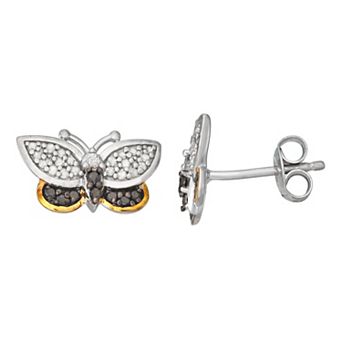 Jewelexcess Two Tone Sterling Silver 1/4 Carat T.W. Black & White Diamond Butterfly Stud Earrings