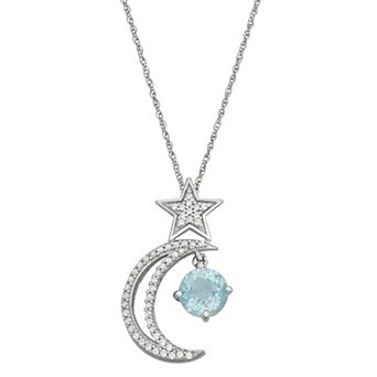 Jewelexcess Sky Blue Topaz & Lab-Created White Sapphire Sterling Silver Star & Moon Pendant Necklace