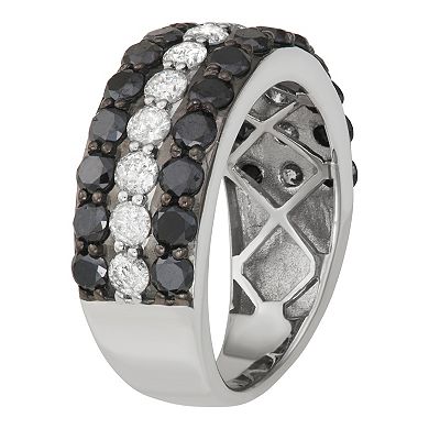Jewelexcess Sterling Silver 3 Carat T.W. Black & White Diamond 3-Row Ring