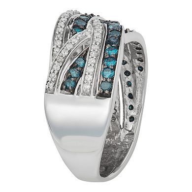 Jewelexcess Sterling Silver 1 Carat T.W. Blue & White Diamond Crossover Ring
