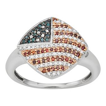 Jewelexcess Sterling Silver 1/3 Carat T.W. Multicolor Diamond American Flag Ring