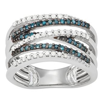 Jewelexcess Sterling Silver 1/2 Carat T.W. Blue & White Diamond Crossover Ring
