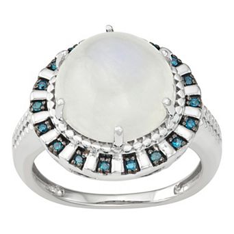 Jewelexcess Sterling Silver Rainbow Moonstone & 1/10 Carat T.W. Blue Diamond Accent Ring