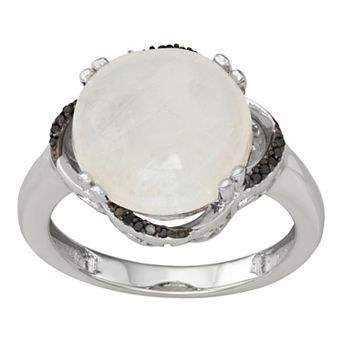 Jewelexcess Sterling Silver Rainbow Moonstone & Black Diamond Accent Ring