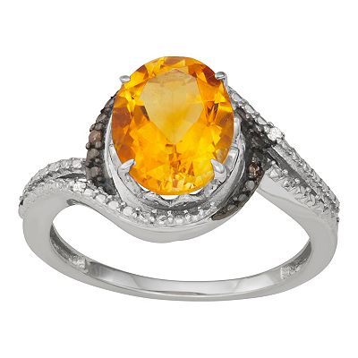 Jewelexcess Sterling Silver Citrine Champagne White Diamond Accent Ring