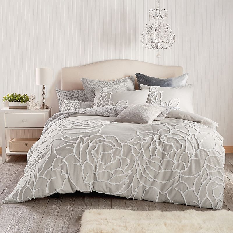 Peri Chenille Rose Duvet Cover Set with Shams, Grey, King