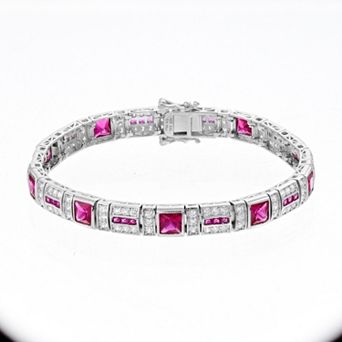 Sterling Silver Fuchsia & Clear Cubic Zirconia Square Link Bracelet