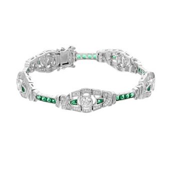Sterling Silver Clear & Green Cubic Zirconia Oval Link Bracelet