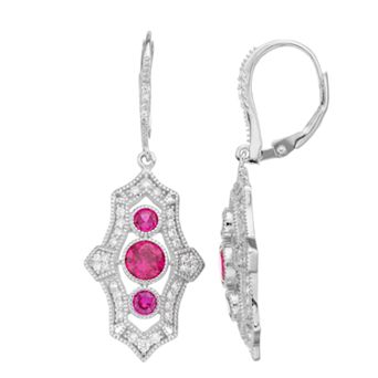 Sterling Silver Fuchsia & Clear Cubic Zirconia Drop Earrings