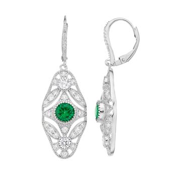 Sterling Silver Green & Clear Cubic Zirconia Vintage Inspired Drop Earrings