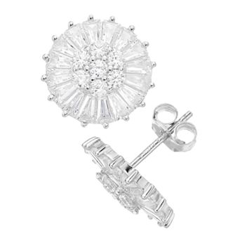 Sterling Silver Round & Baguette Cubic Zirconia Halo Stud Earrings