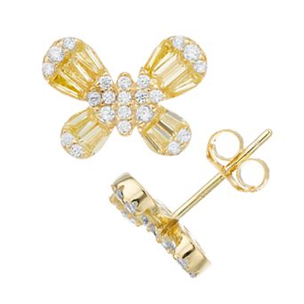 14k Gold Over Silver Cubic Zirconia Cluster Butterfly Stud Earrings