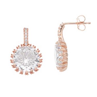 18k Rose Gold Over Silver Cubic Zirconia Halo Drop Earrings