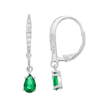 Sterling Silver Green Cubic Zirconia Teardrop Drop Earrings