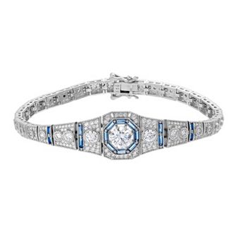 Sterling Silver Clear & Blue Cubic Zirconia Art Deco Link Bracelet
