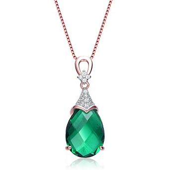 18k Rose Gold Over Silver Green & White Cubic Zirconia Teardrop Necklace