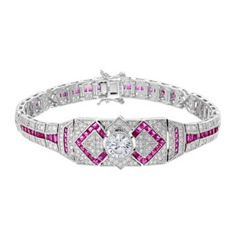 Sterling Silver Clear Round & Fuchsia Baguette Cubic Zirconia Link Bracelet