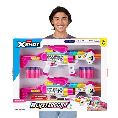 XShot Blastercorn, Unicorn Blaster (2 blasters, 32 darts), Air Pocket Technology dart- en dartopslag, outdoor speelgoed voor jongens en meisjes, tieners en volwassenen, bruine doos, (2 blasters, 32