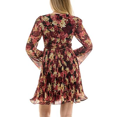 strapless open back dress Round Neck Long Sleeve Empire Waist Pleated Maxi Dress – Aurohaya main image 0