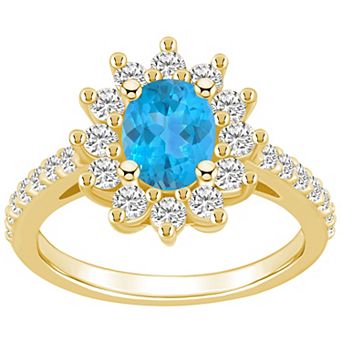 Alyson Layne 14k Gold Oval Cut Blue Topaz & 7/8 Carat T.W. Diamond Halo Ring