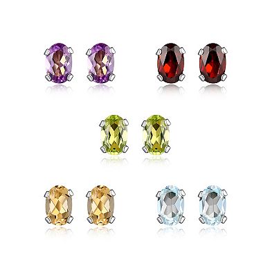 Sterling Silver Oval Genuine Multicolor Gemstone Stud 5-Pair Earring Set