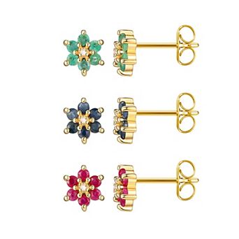 Classic Treasures 18k Gold Over Silver Ruby, Sapphire, Emerald & Diamond Accent Flower Stud Earring Trio Set