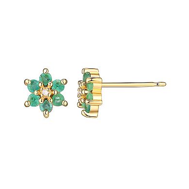 18k Gold Over Silver Ruby, Sapphire, Emerald & Diamond Accent Flower Stud Earring Trio Set