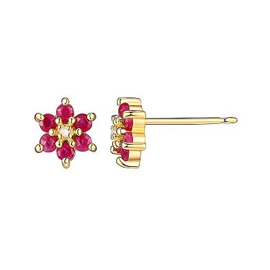 18k Gold Over Silver Ruby, Sapphire, Emerald & Diamond Accent Flower Stud Earring Trio Set