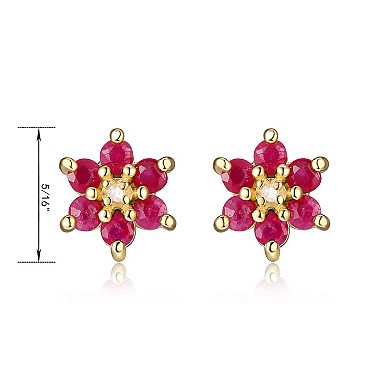 18k Gold Over Silver Ruby, Sapphire, Emerald & Diamond Accent Flower Stud Earring Trio Set