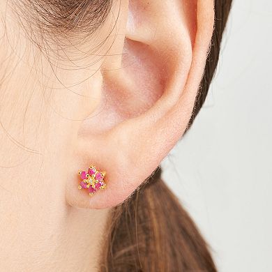 18k Gold Over Silver Ruby, Sapphire, Emerald & Diamond Accent Flower Stud Earring Trio Set