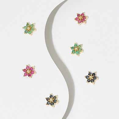 18k Gold Over Silver Ruby, Sapphire, Emerald & Diamond Accent Flower Stud Earring Trio Set