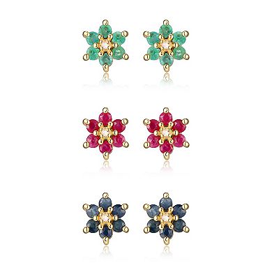 18k Gold Over Silver Ruby, Sapphire, Emerald & Diamond Accent Flower Stud Earring Trio Set