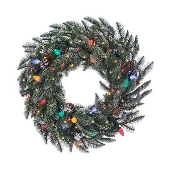 Gerson 24 in Lightly Flocked Smoky Mountain Wreath with Pine Cones & Multi-Color Lights