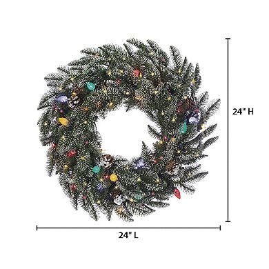 Gerson 24-in. Lightly Flocked Smoky Mountain Wreath with Pine Cones & Multi-Color Lights