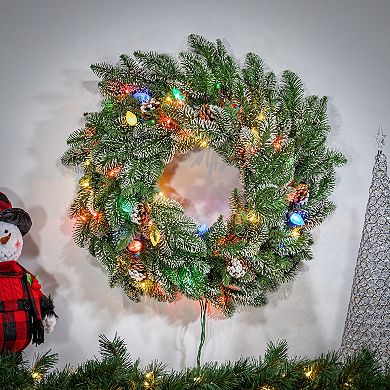 Gerson 24-in. Lightly Flocked Smoky Mountain Wreath with Pine Cones & Multi-Color Lights