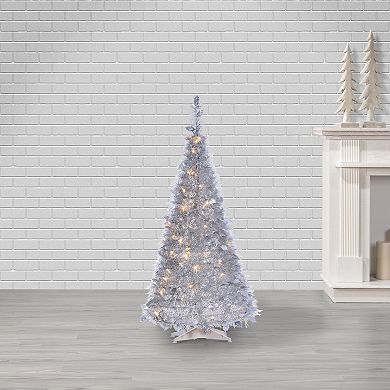 4-ft. Pop Up Pre-Lit Silver Finish Tinsel Artificial Christmas Tree