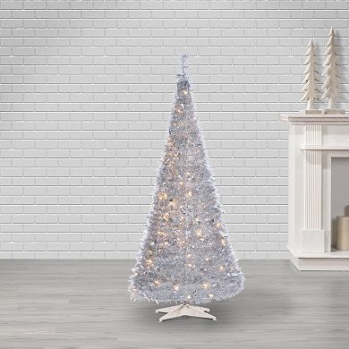 6-ft. Pop Up Pre-Lit Silver Finish Tinsel Artificial Christmas Tree
