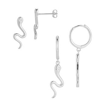 Sunkissed Sterling Cubic Zirconia Snake Stud & Hoop Drop Earring Duo Set