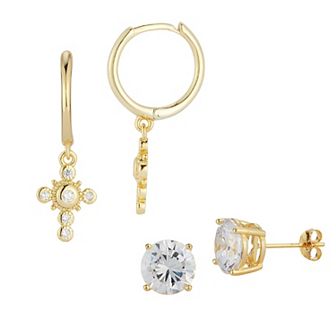 Sunkissed Sterling Cubic Zirconia Cross Drop Hoop & Stud Earring Duo Set
