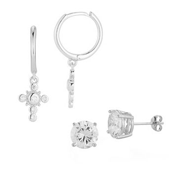 Sunkissed Sterling Cubic Zirconia Cross Drop Hoop & Stud Earring Duo Set