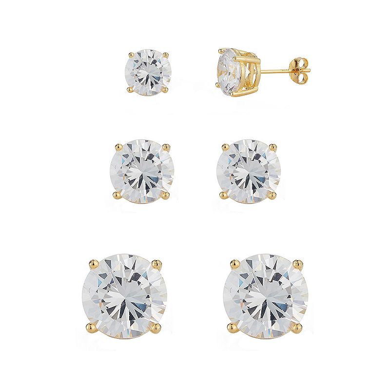 Sunkissed Sterling Round Cubic Zirconia Stud Earring Trio Set, Women's, Gold Tone