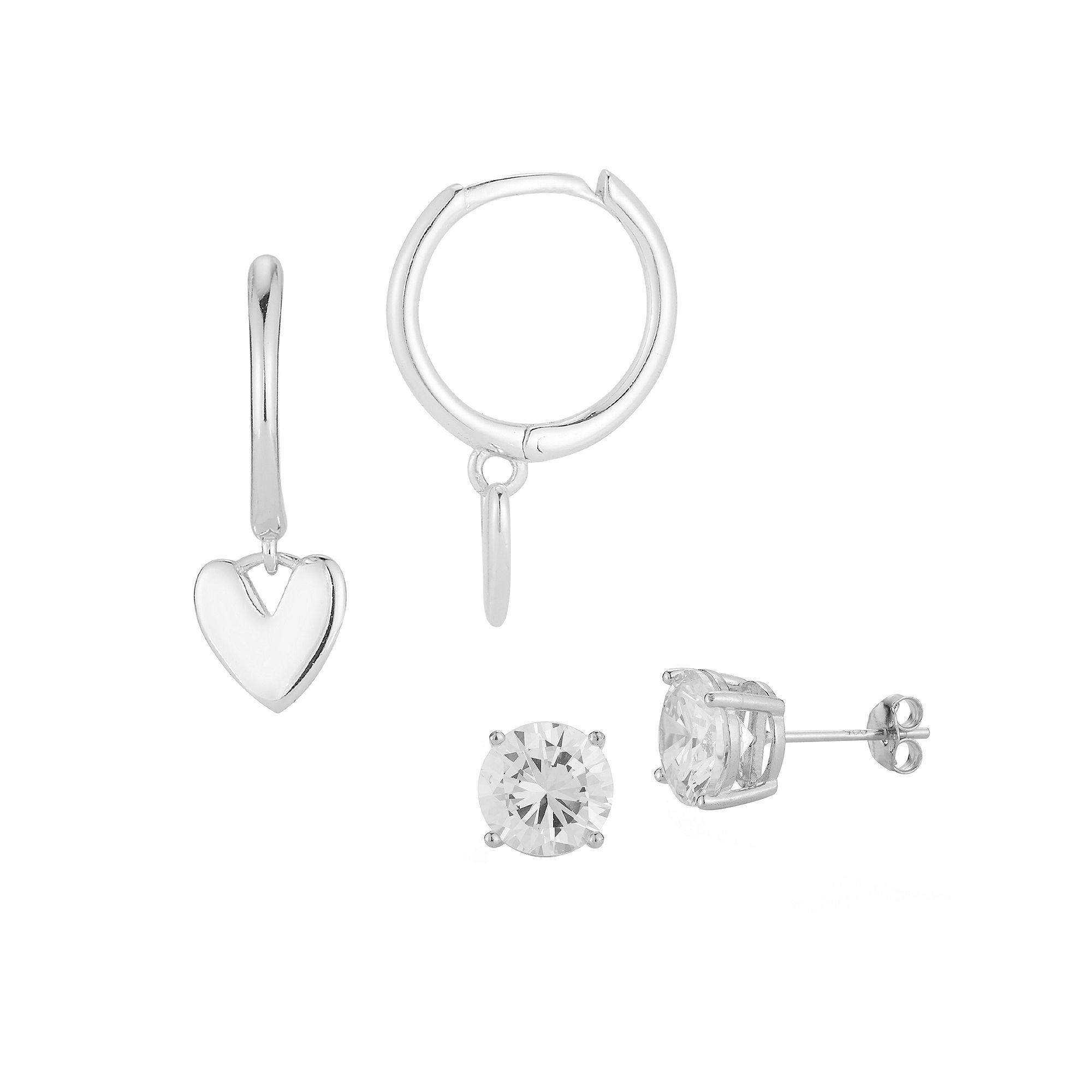 Sunkissed Sterling Heart Drop Hoop & Cubic Zirconia Stud Earring Duo Set, W