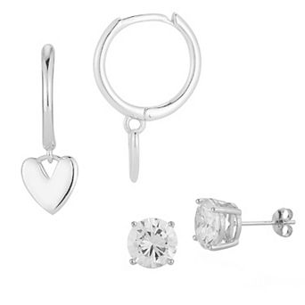 Sunkissed Sterling Heart Drop Hoop & Cubic Zirconia Stud Earring Duo Set