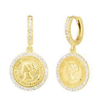 Sunkissed Sterling Cubic Zirconia Halo Coin Hoop Drop Earrings