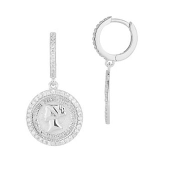 Sunkissed Sterling Cubic Zirconia Halo Coin Hoop Drop Earrings