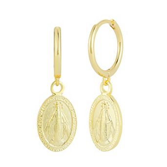 Sunkissed Sterling Saint Mary Oval Coin Hoop Drop Earrings