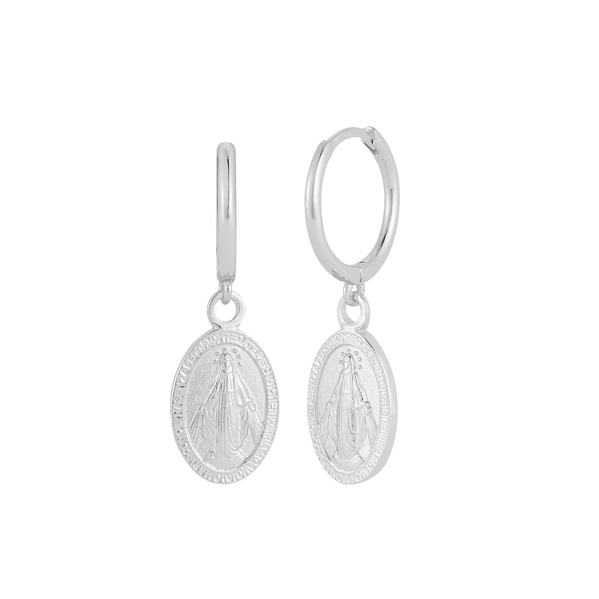 Sunkissed Sterling Saint Mary Oval Coin Hoop Drop Earrings, Womens, Silver