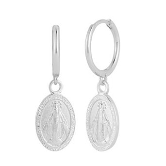 Sunkissed Sterling Saint Mary Oval Coin Hoop Drop Earrings