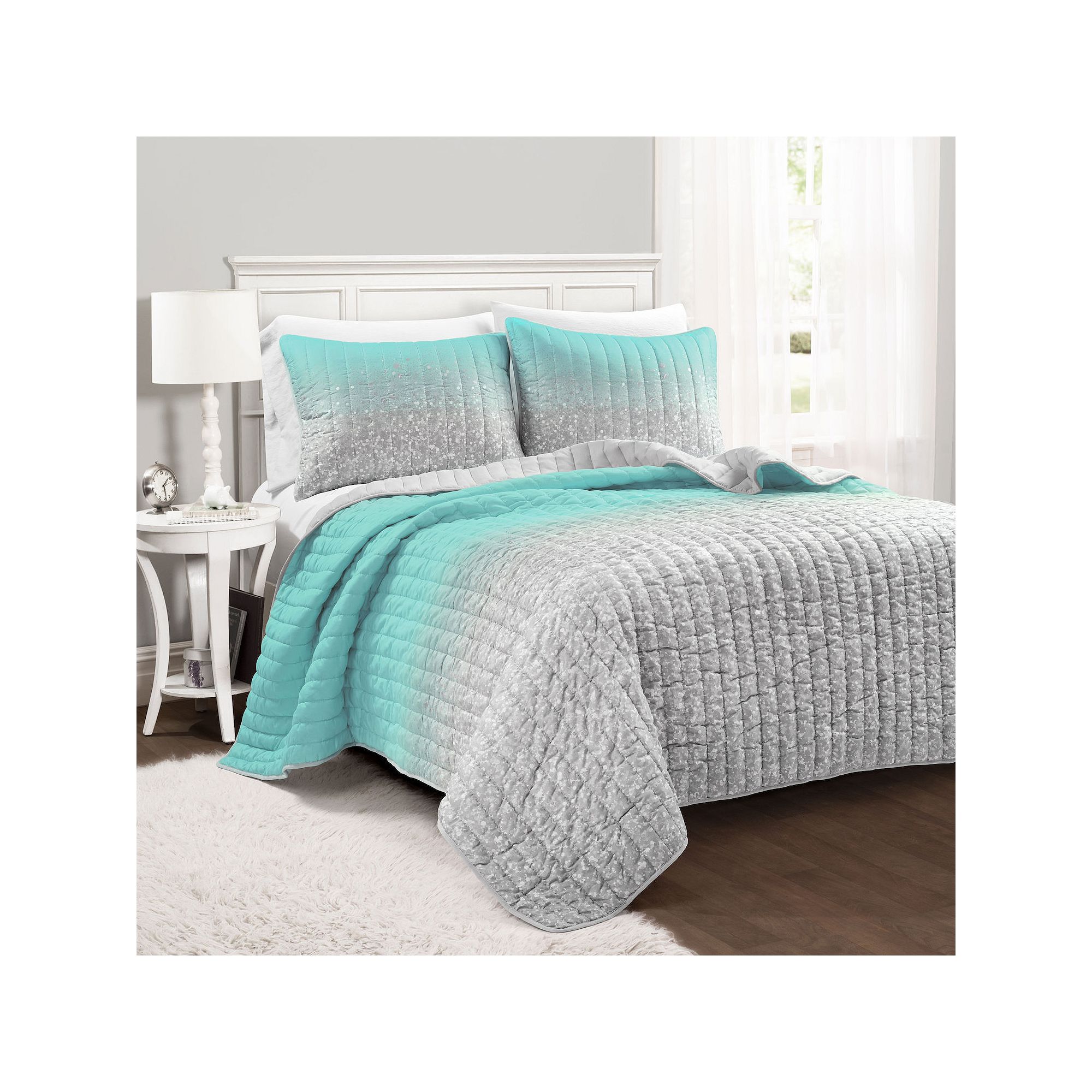 Lush Decor Glitter Ombre Metallic Print Quilt Set with Shams, Blue Gray